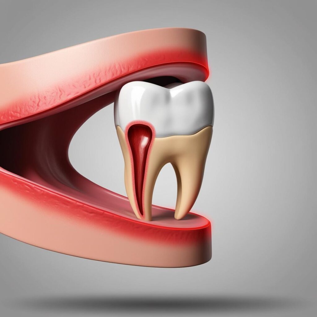 Close-up of an inflamed tooth with red, swollen gums indicating a tooth infection.