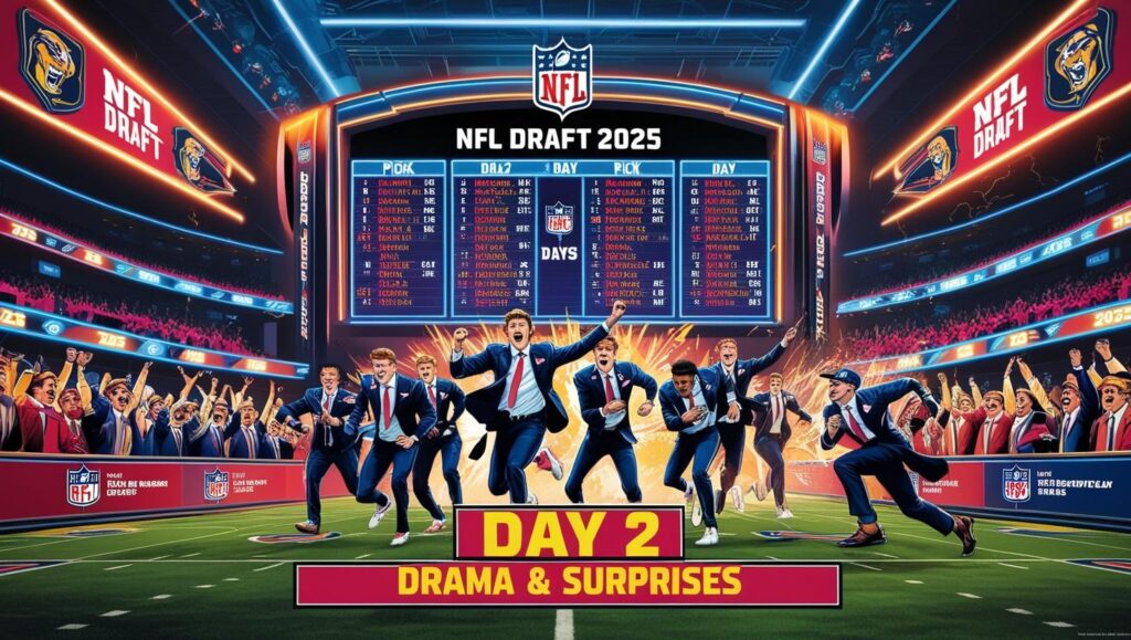 A dramatic scene of the 2025 NFL Draft Day 2 with excited players in suits, coaches analyzing picks, a packed arena, digital draft boards, and flashing lights capturing the high-energy atmosphere.