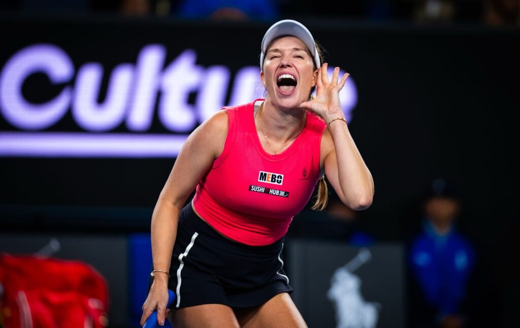 Danielle Collins responding to crowd jeers during her Australian Open 2025 match.