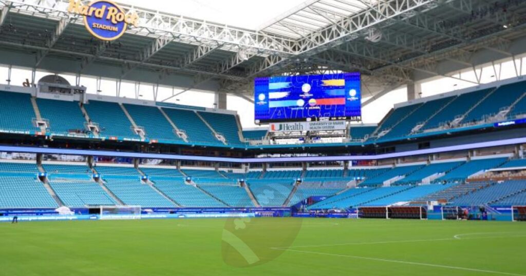 Hard Rock Stadium exterior view in Miami Gardens, Florida.