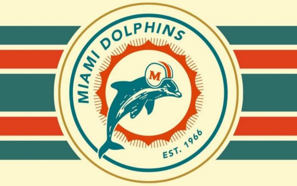 Old Miami Dolphins logo featuring a leaping dolphin in front of a sunburst.