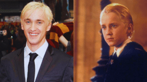Tom Felton as Draco Malfoy in childhood scene from Harry Potter and as an adult in Broadway costume.