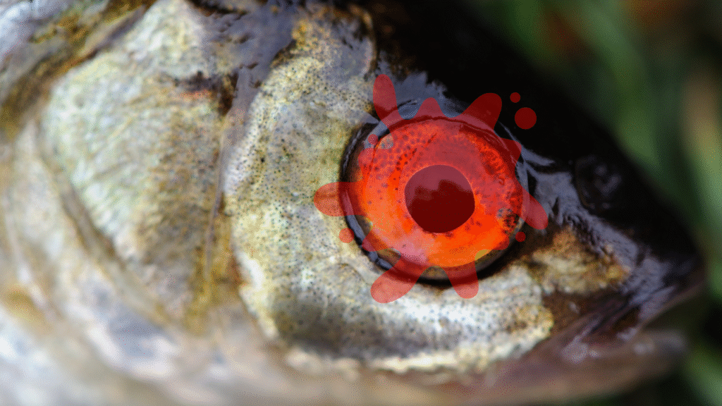 Fish with visible eyes surrounded by red color, illustrating vision capabilities