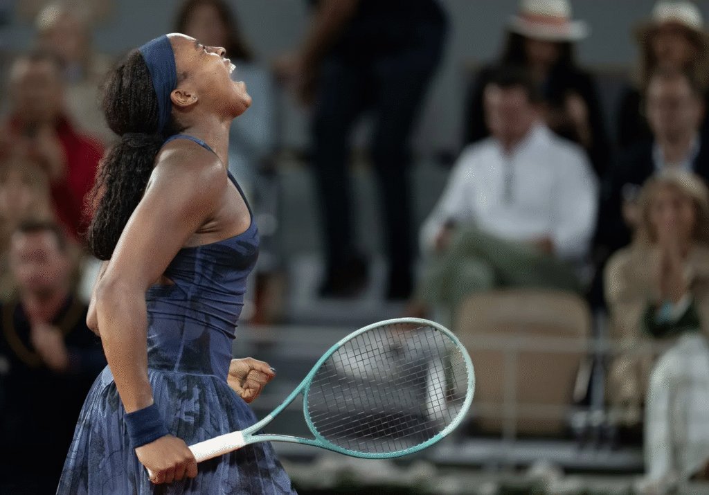 Coco Gauff celebrating her 2025 French Open victory with poise and determination after a hard-fought comeback win over Aryna Sabalenka.