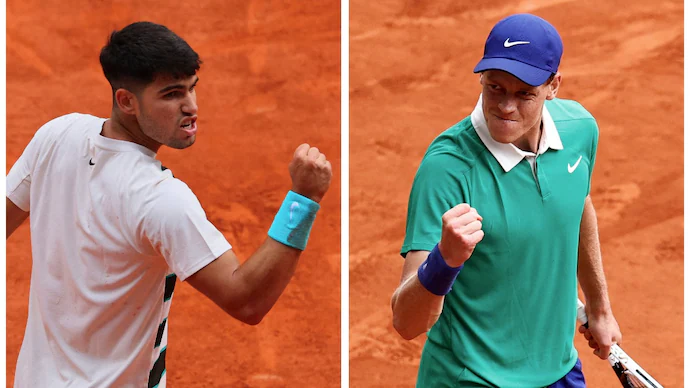 Carlos Alcaraz and Jannik Sinner fired up during an intense moment in the French Open 2025 final.