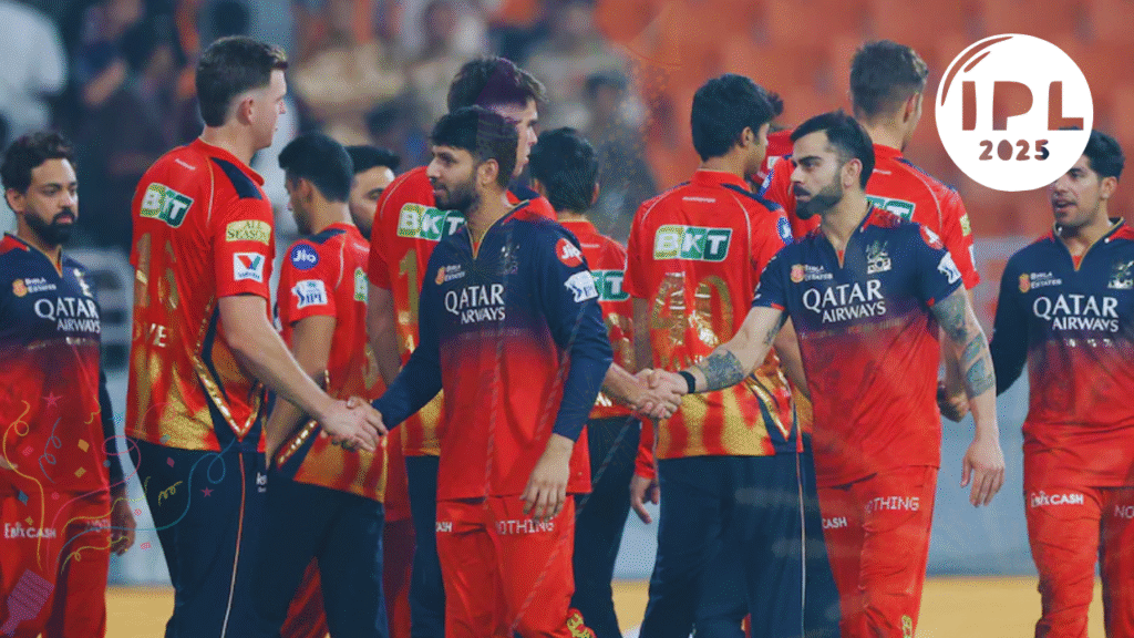 Punjab Kings and Royal Challengers Bengaluru players shake hands after the IPL 2025 final at Narendra Modi Stadium.