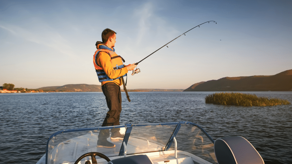 Man standing on a boat fishing during a recreational fishing trip