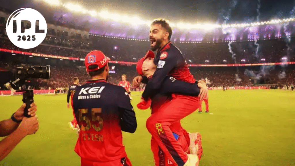 Virat Kohli hugs teammate and celebrates RCB's IPL 2025 victory with a roarAn emotional Virat Kohli embracing a teammate and shouting in celebration after Royal Challengers Bengaluru clinch their maiden IPL title in 2025